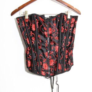 Living Dead Souls Lace-Up Corset Top Strapless Red Black Floral Lace Size Small